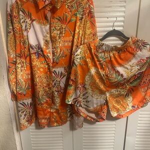 Vibrant Orange Patterned Shirt and Shorts Set